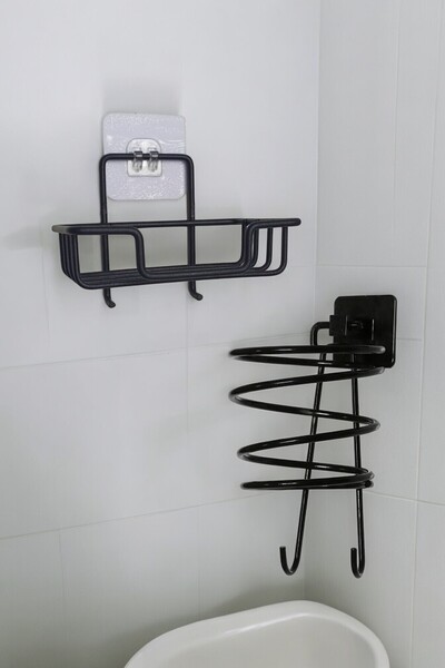 Egem Home Yapışkanlı Siyah Kare Fön Askısı ve Katı Sabunluk Seti