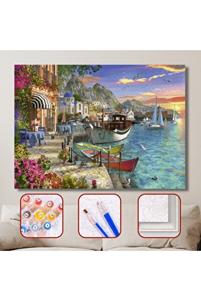Pastelya Sayılarla Boyama Seti Çerçeveli Kasnaklı Yunanda Bir Köy 60 x 75 cm