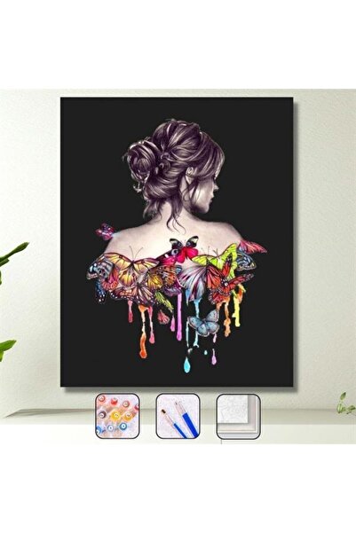 Pastelya Sayılarla Boyama Seti Çerçeveli Kasnaklı Kadın Kelebek Sırrı 60 x 75 cm