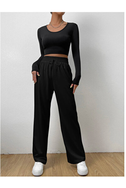 yx yustex sport Pantaloni de trening negri, largi, cu croială lejeră, din mat...