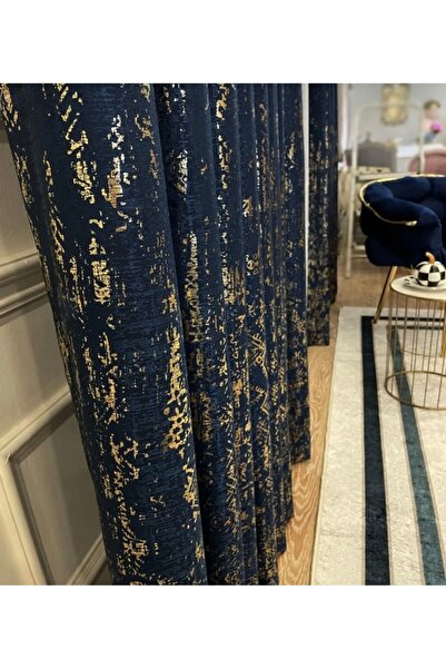 ÇOPURLAR PERDE Jakar Zemin Varak Desen Sık Pileli Fon Perde Lacivert-Altın Va...