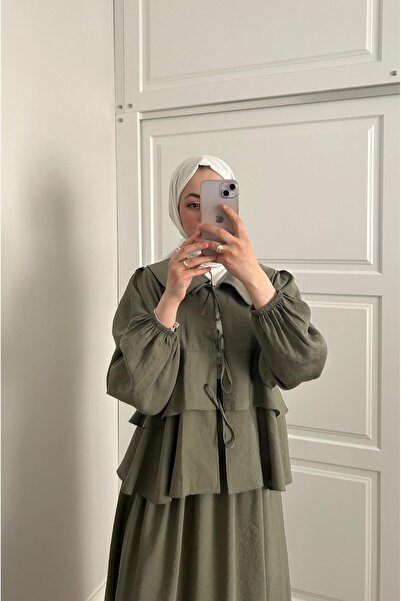 Haze Bebe Yaka Balon Kollu Bağlama Detaylı Etekli Takım