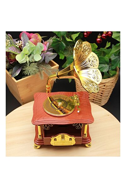 Wolawood Gramofon Müzik Kutusu Kurmalı Çekmeceli Takı Kutulu Nostaljik Dekor Hediyelik Retro Antika Tasarım