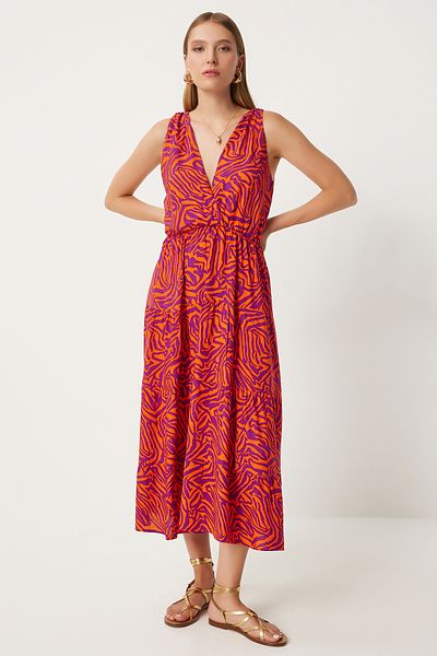 Lovelyİstanbul Orange Purple Patterned V-Neck Summer Viscose Dress Orange Purple Lci0032