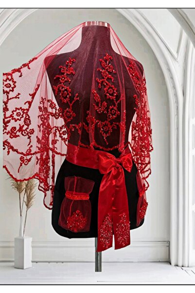 Şık Tasarım Gelin Kına Duvağı Boncuk Işlemeli Kına Örtü Seti