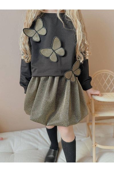 YİGİT BUTİK Butterfly Detailed Glitter Balloon Skirt Girl's Bottom and Top Set