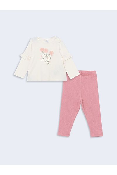 LC Waikiki Lcw Baby Ecru Crew Neck Printed Baby Girl Blouse and Leggings 2-Piece Set