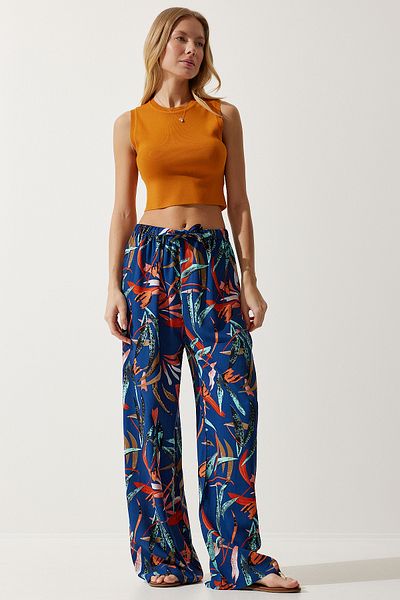 Lovelyİstanbul Patterned Flowing Viscose Palazzo Trousers Len0003 Dark Blue Tile