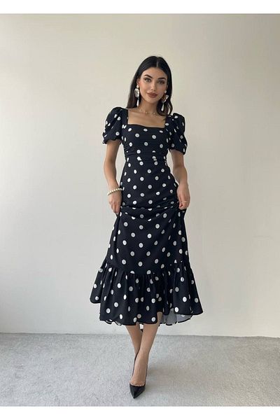 HASYAMORE Rochie albă cu mâneci cu buline cu buline
