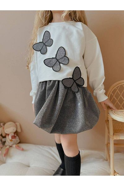 YİGİT BUTİK Butterfly Detailed Glitter Balloon Skirt Girl's Bottom and Top Set