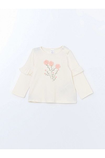 LC Waikiki Lcw Baby Ecru Crew Neck Printed Baby Girl Blouse and Leggings 2-Piece Set
