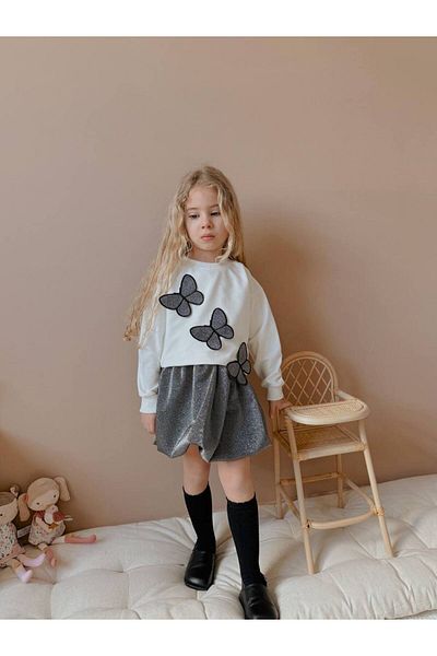 YİGİT BUTİK Butterfly Detailed Glitter Balloon Skirt Girl's Bottom and Top Set