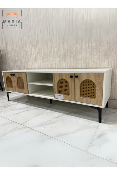 MARIA HOMES Modern Wooden TV Stand with Rattan Doors Stylish 140x40x45 cm & Functional Media Console