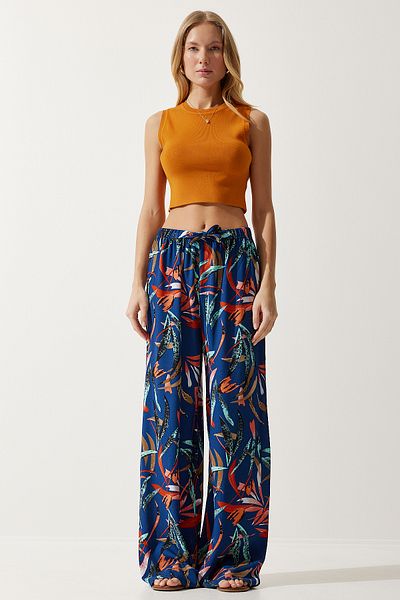 Lovelyİstanbul Patterned Flowing Viscose Palazzo Trousers Len0003 Dark Blue Tile