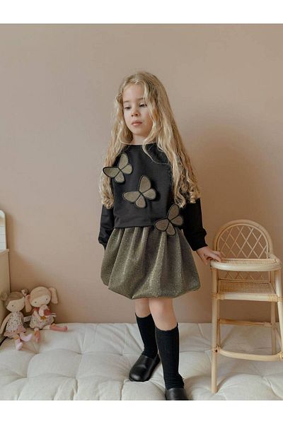YİGİT BUTİK Butterfly Detailed Glitter Balloon Skirt Girl's Bottom and Top Set