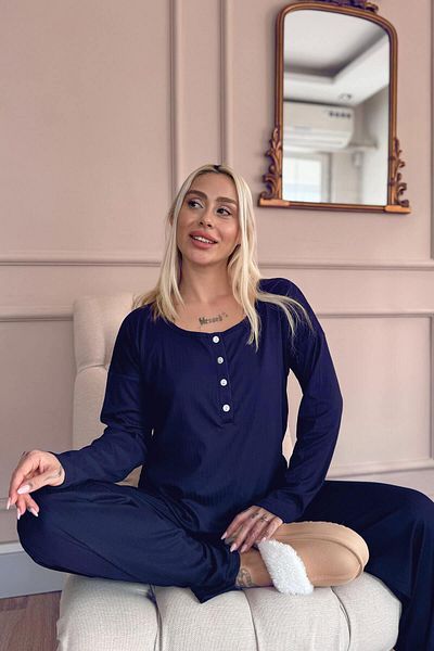 Pijamaevi Navy Blue Dublin Women's Long Sleeve Placket Pajama Set