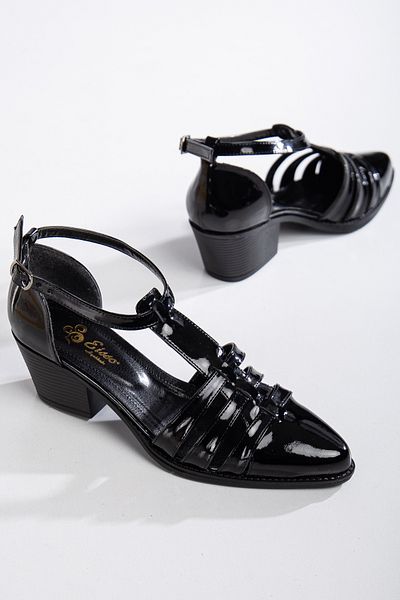 MS SUGAR SHOES Vintage Inspired Faux Patent Leather Buckle Straw Patterned Heeled Shoes