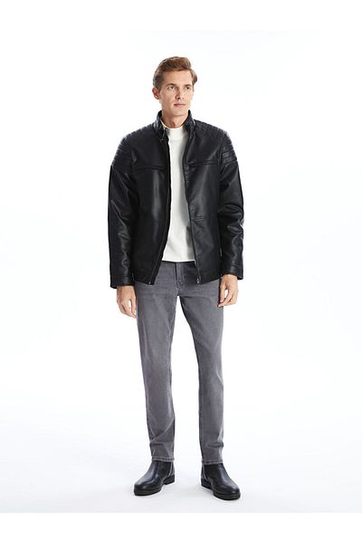 LC Waikiki Ανδρικό δερμάτινο παλτό LCWAIKIKI Classic Standard Fit Stand γιακά