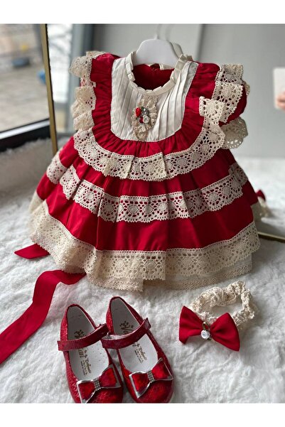 Sare Çocuk Giyim Girl's Red Vintage Raw Cotton Organic Laced Special Occasion Dress