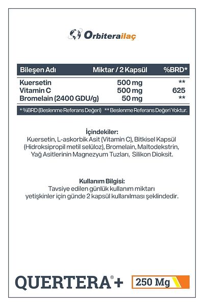 Orbitera Quertera Plus Food Supplement Containing Quercetin, Vitamin C, Bromelain