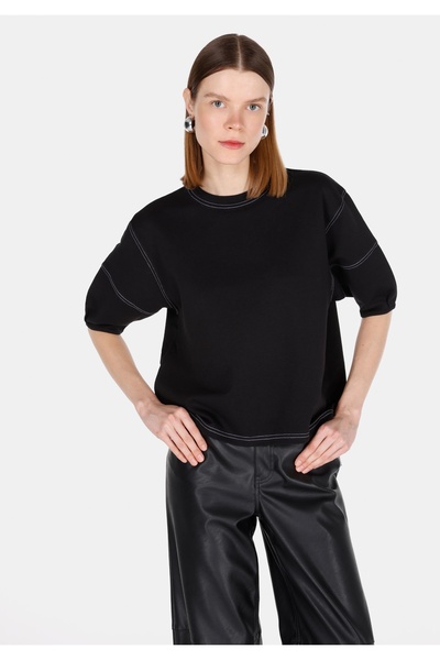 Colin's Tricou negru cu mânecă scurtă pentru femei, cu gât rotund, cu croială...