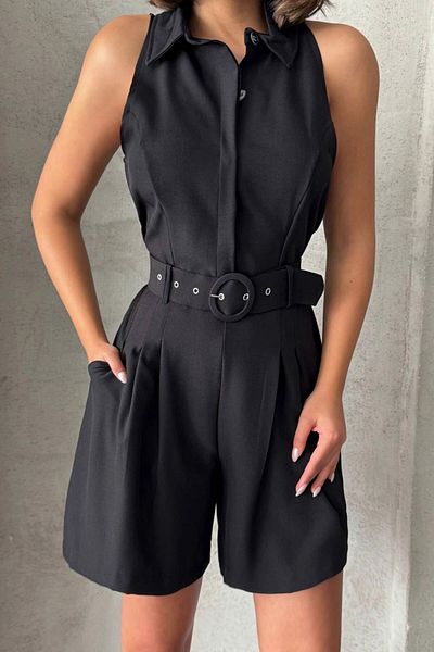 bacc Women's Black Belted Double Pocket Collar Woven Jumpsuit Bchn- 255010