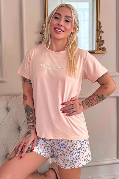 Pijamaevi Peach Good Times Patterned Short Sleeve Knitted Women's Pajamas Set with Shorts