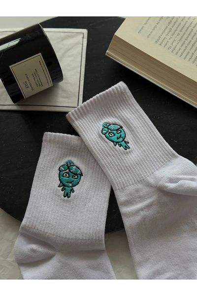 AYDK Cute Fire and Water Embroidered Socket White Black Cartoon Character Unisex Cotton Socks