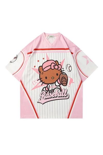 Gofeel Ροζ Hello Kitty μπέιζμπολ με λεπτομέρεια Ζέρσεϊ κοντομάνικη φανέλα