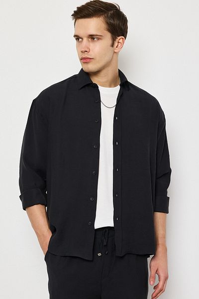 MADZEYMODA Мъжка черна тъкана риза Premium LS-19821