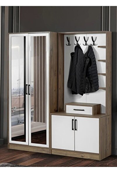 Moderniya Mobilya Loft 2 (İKİ) Kapılı Krem Ceviz Sol Aynalı Elbise Askılığı Kapaklı Ayakkabılık, Vestiyer, Portmanto