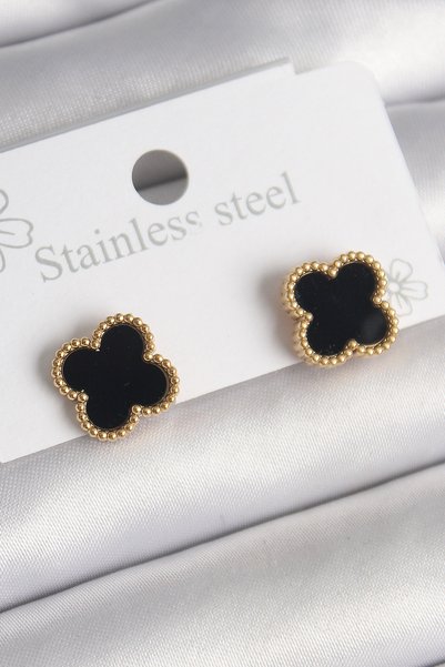 ForWhat Golden Steel Black Clover Shaped Earrings for Elegant Woman
