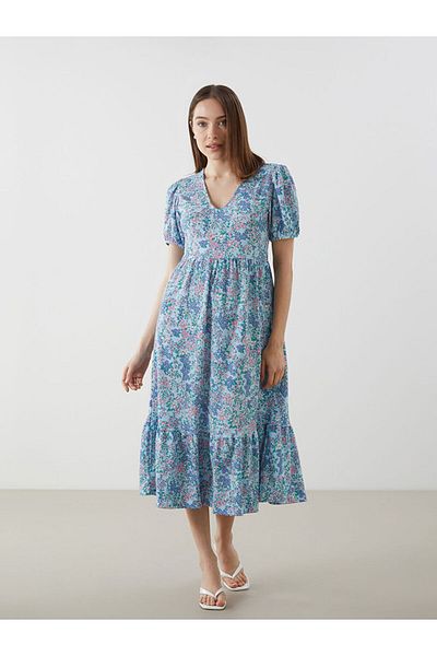 LC Waikiki Rochie de damă LCW Comfort turcoaz cu decolteu în V cu flori
