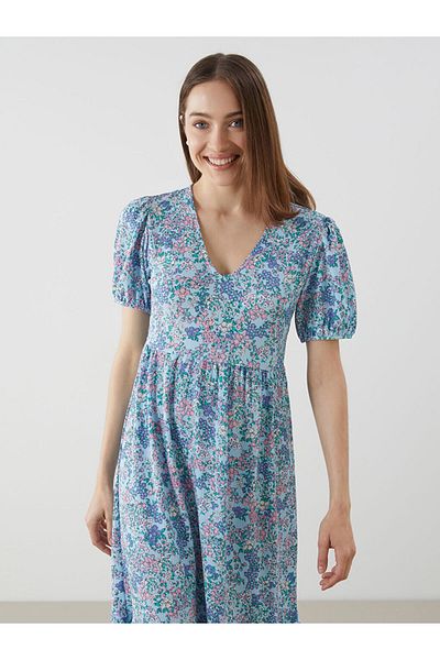 LC Waikiki Rochie de damă LCW Comfort turcoaz cu decolteu în V cu flori