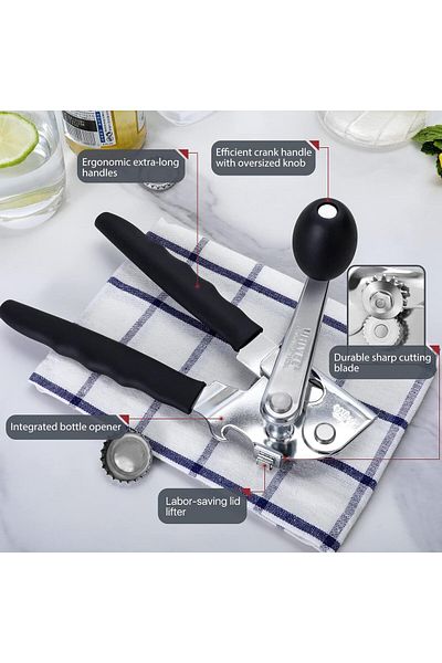 COOYA Commercial Crank Can Opener, with Extra-long Handles,  Stainless Steel, for Home, Kitchen, Black