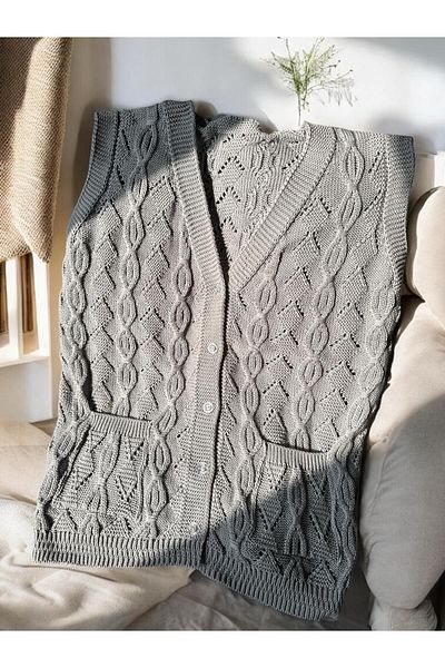 Çeyizcim Knitwear Knitted Angora Gray Buttoned Pocket Dowry Vest