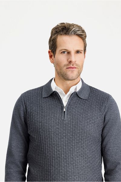 Kiğılı Polo Neck Regular Fit Zippered Patterned Cotton Knitwear Sweater