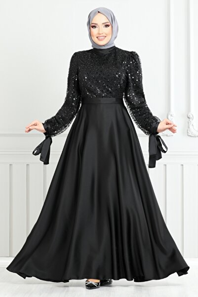 ModaMerve Pul Detaylı Saten Abiye 5670END900-M Siyah