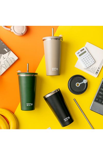 Nava Stainless steel thermos mug with straw, Nava We care, 500 ml, black