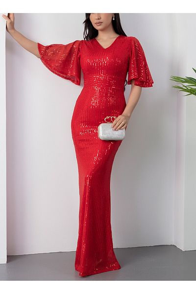 Lensia V-Neck Sequin Sequin Flounce Sleeve Evening Dress