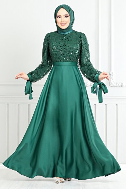 ModaMerve Pul Detaylı Saten Abiye 5670END900-M Zümrüt