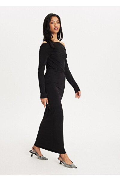 Vera Tekstil Kadın,siyah,omuz dekolte drapeli uzun elbise
