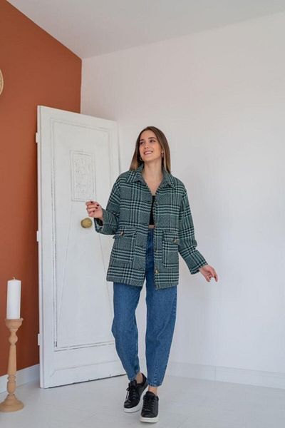 MODAVERA    Mint Buttoned Plaid Coat