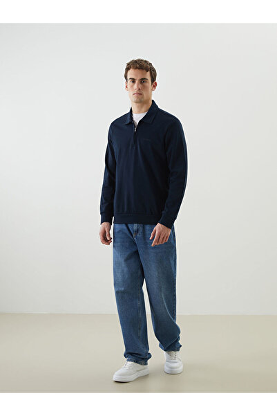 LC Waikiki Navy Blue Polo Collar Long Sleeve Men's Sweatshirt
