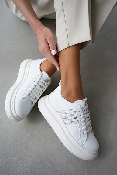 selinshoes Tenis de damă cu sclipici cu vârf oval alb