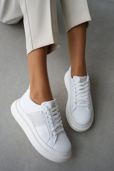 selinshoes Tenis de damă cu sclipici cu vârf oval alb
