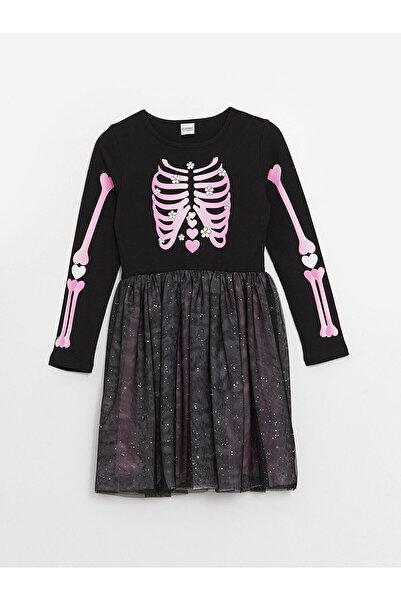 LC Waikiki Dívčí šaty s dlouhým rukávem s potiskem u krku