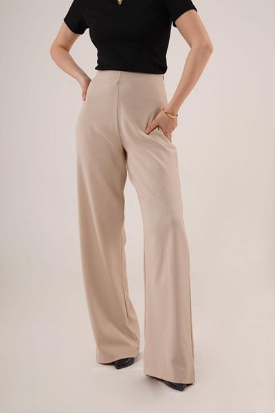 Moda Asmira    Wide Leg Side Zipper Cream Fabric Trousers