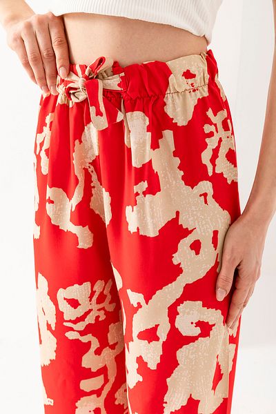 GİYSA Red Floral Patterned Women's Palazzo Trousers - 100% Viscose, Comfortable Fit - 25001