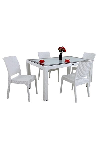 Mandella Elit Rattan 90x150 4 kişilik Elit Sandalye Camlı Masa Takımı Beyaz